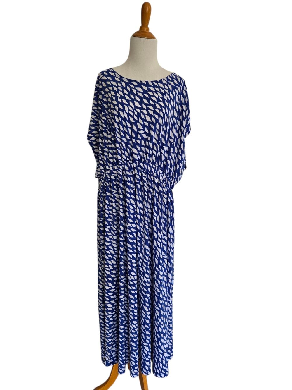 Eloquii Printed Maxi Dress Blue White Blouson Stretch Jersey Women 14/16